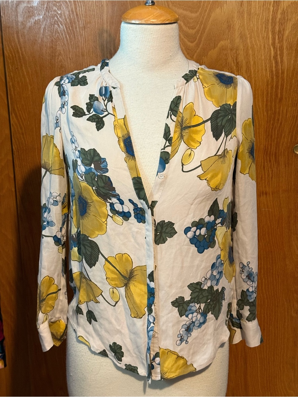 Joie 100% Silk Floral V-Neck Button Blouse in Yellow and Blue